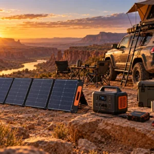 Off-grid camp with portable panels and 4x4