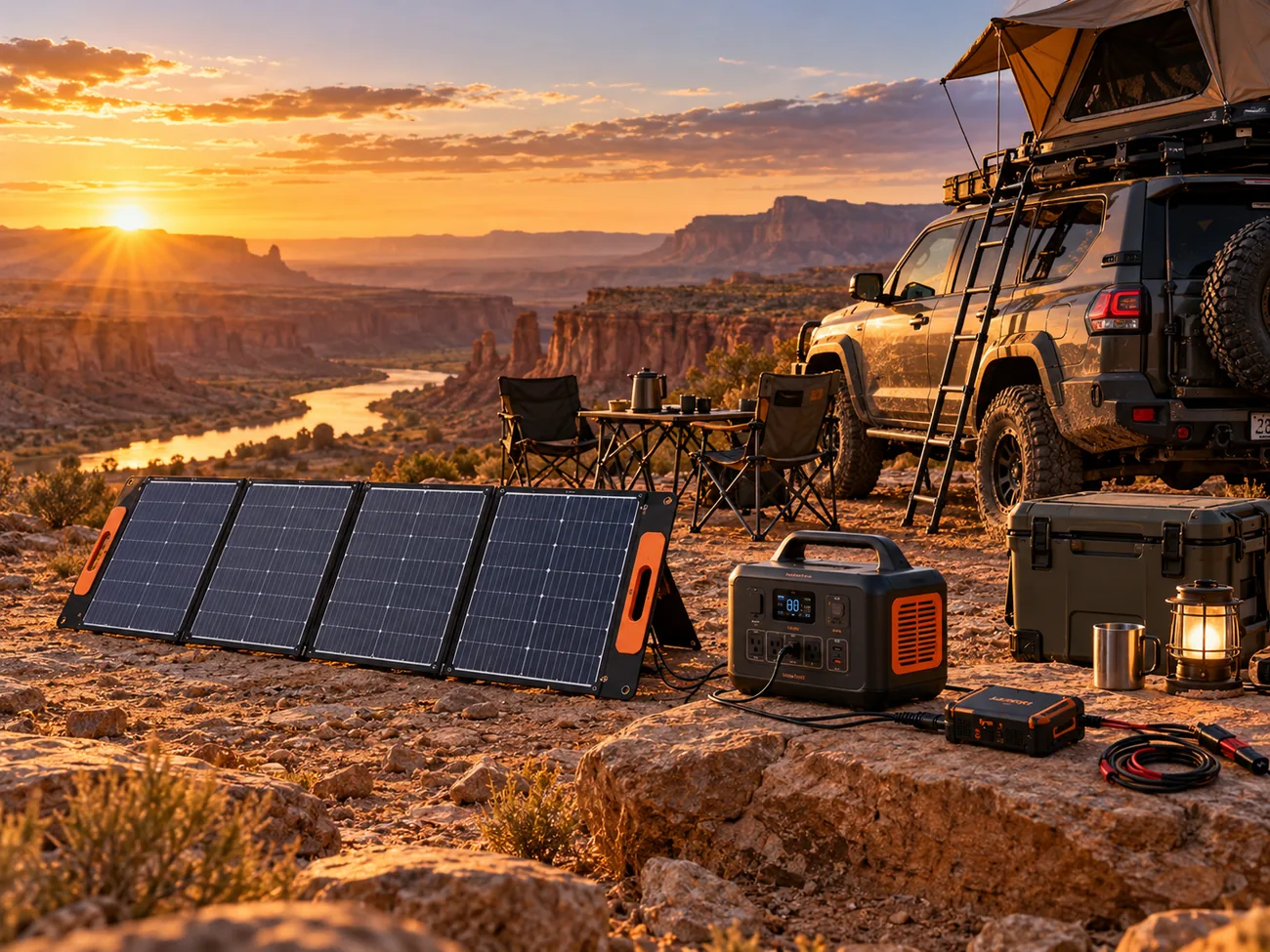 Off-grid camp with portable panels and 4x4