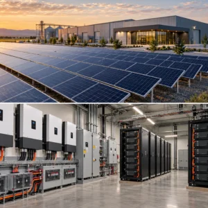 Utility scale solar farm with storage container