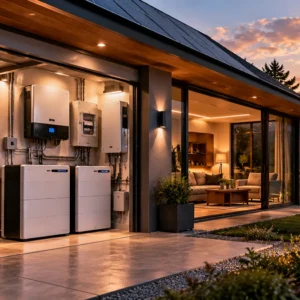 Home backup battery wall at dusk