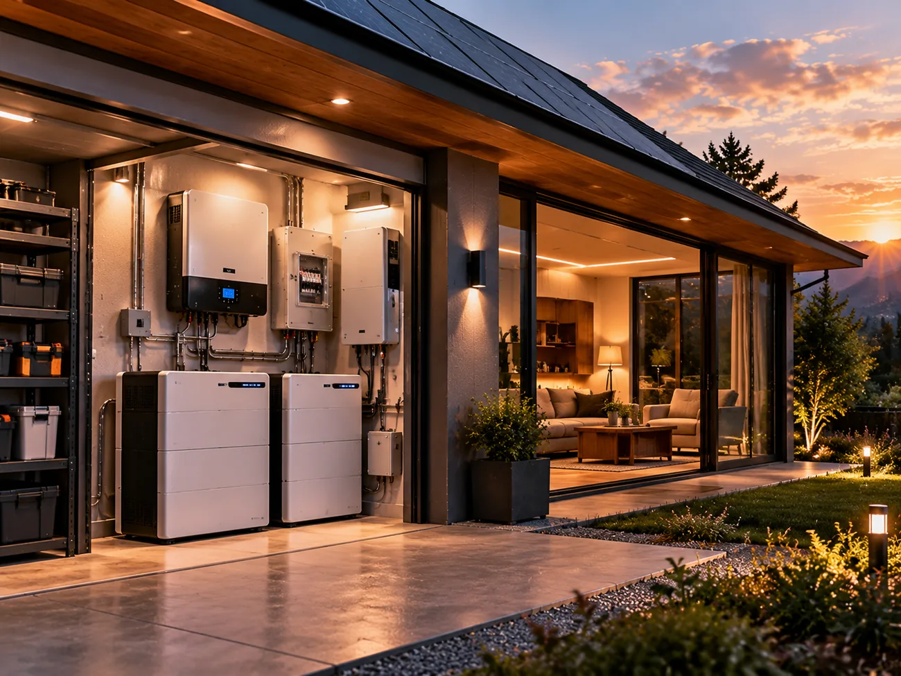 Home backup battery wall at dusk