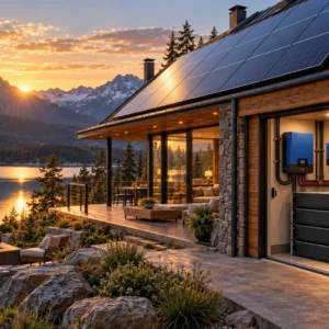 Lakeside lodge with rooftop solar at sunrise