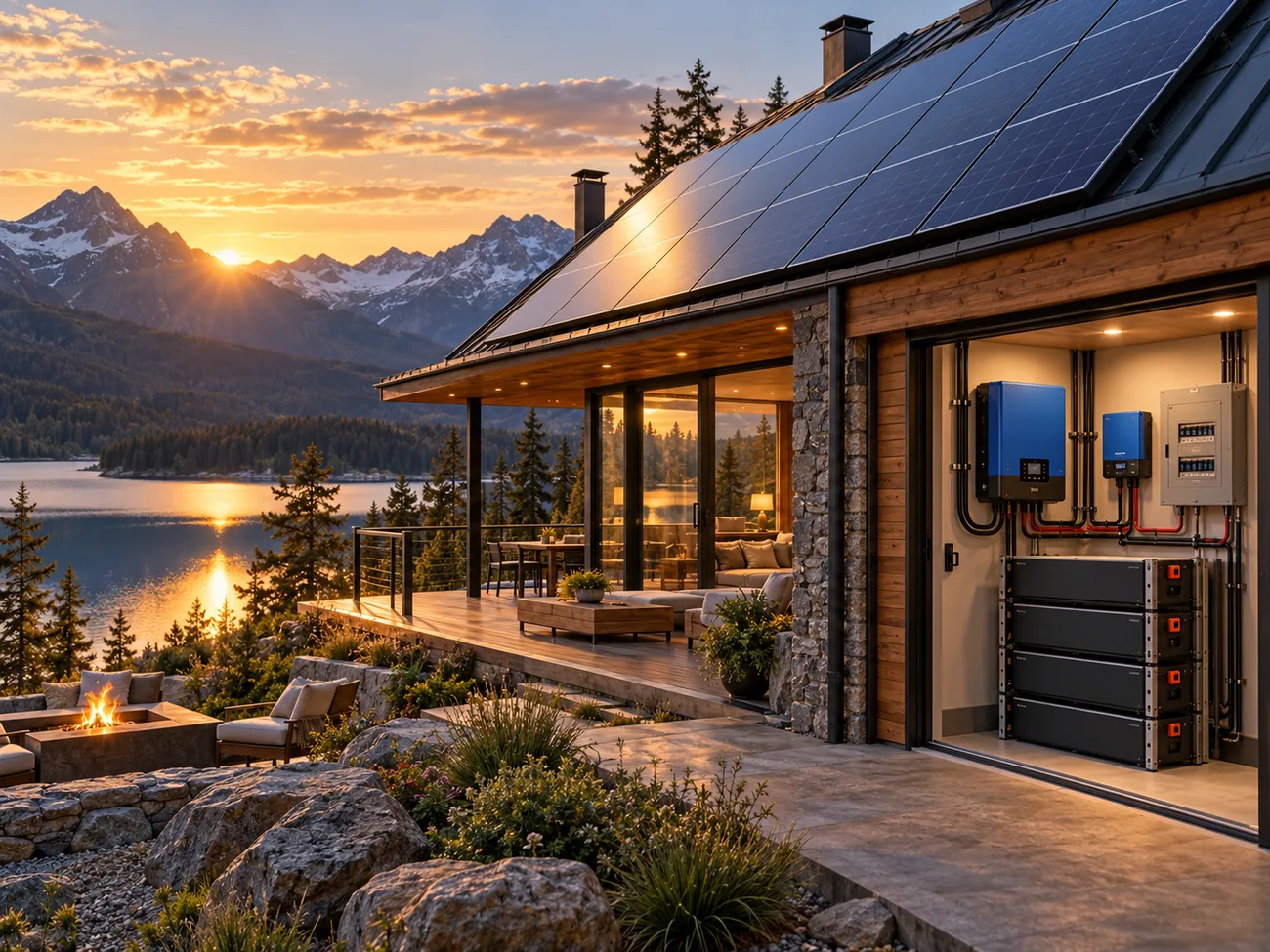 Lakeside lodge with rooftop solar at sunrise