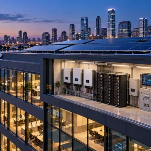 Commercial building with rooftop solar and battery room