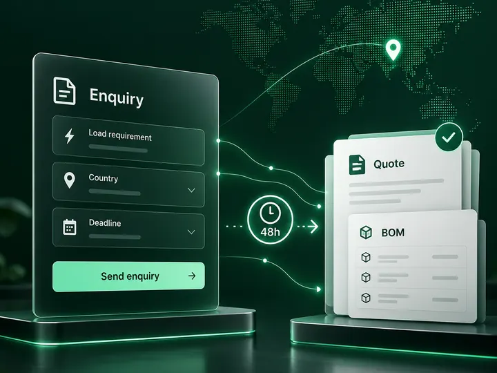 Enquiry form with load requirement, country and deadline, quote and BOM within 48 hours