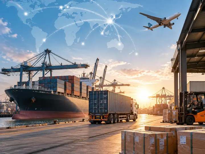 Container, truck and air freight connections at the port