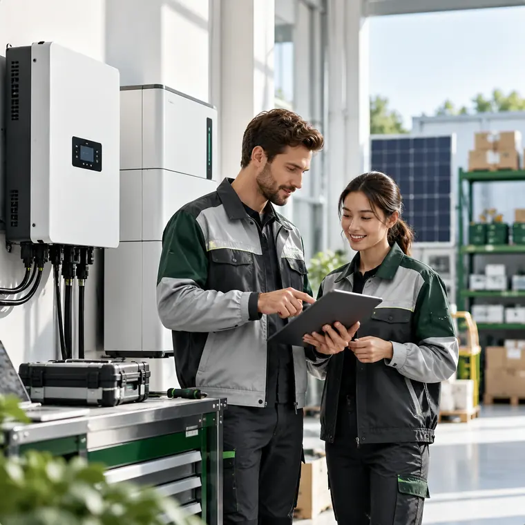 Two engineers reviewing a warranty claim on a tablet